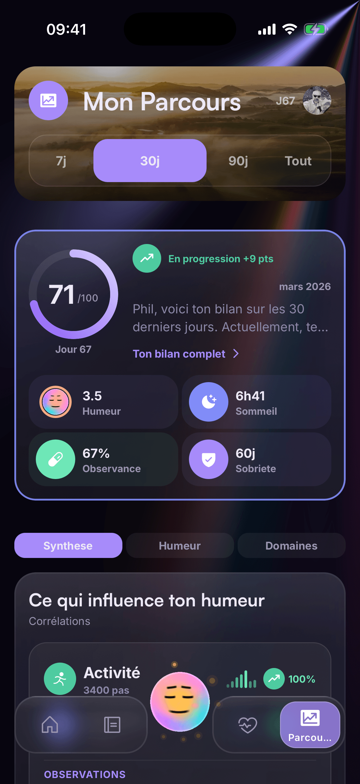 Insights — parcours avec score et corrélations