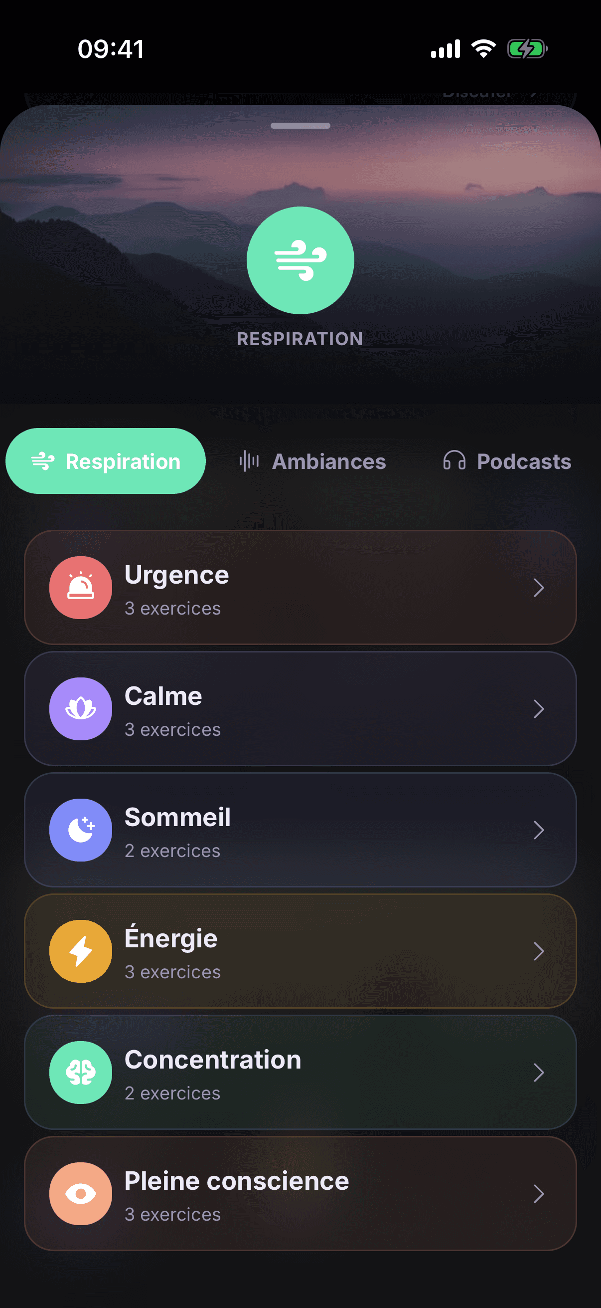 Bien-être — exercices de respiration par catégorie